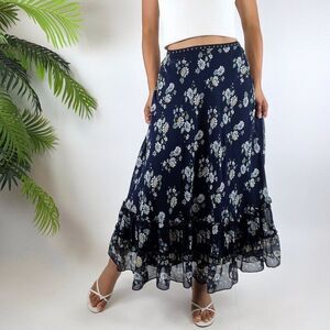 Y2K Style Blue Floral Cottagecore Boho High Waisted Prairie Midi Skirt / Sz: XS